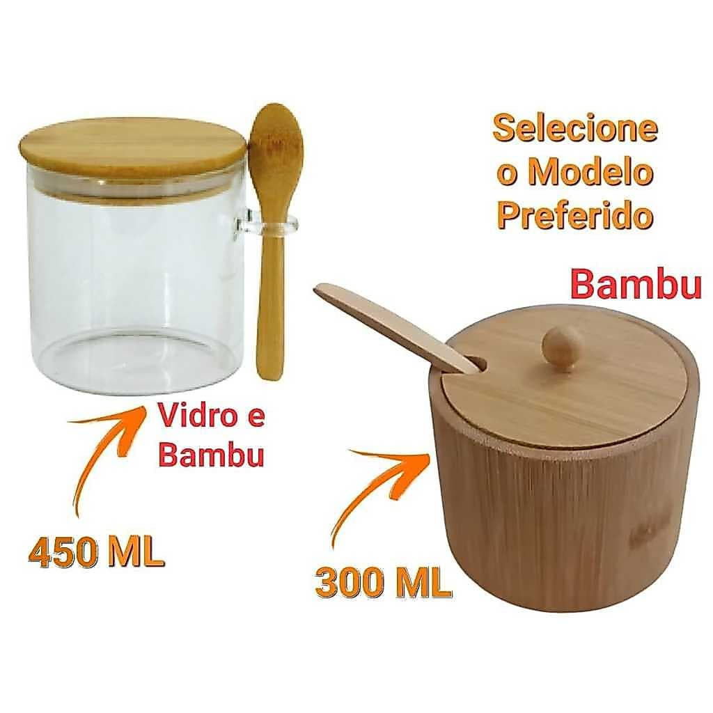 Saleiro Redondo Vidro ou Bambu e de Tampa Bambu e Colher Porta Sal Açucar Farinha Temperos Bancada