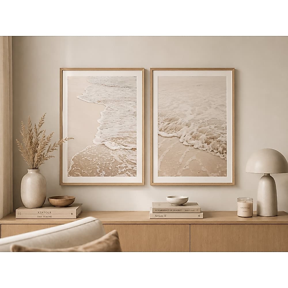 Kit 2 Quadros Decorativos Praia Tons Neutros Clean Farm House Moderno