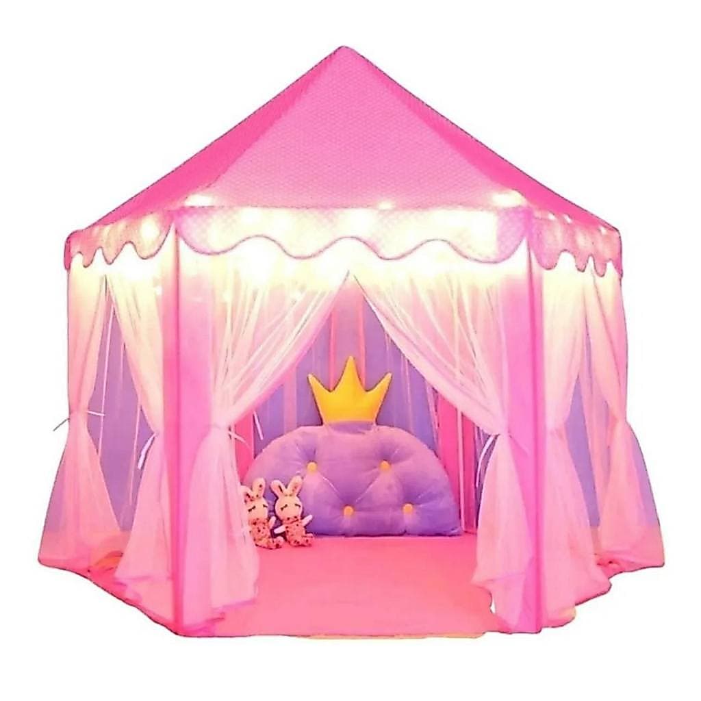 Tenda Castelo Infantil Barraca Acampamento Meninas Rosa Cordão De Luz Led Formato Estrela