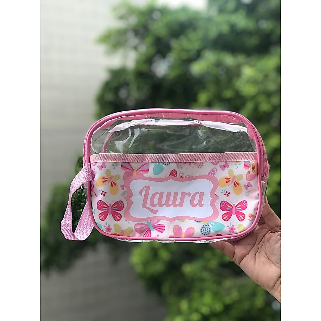 Necessaire Box Organizador em Plástico Cristal Personalizada com Nome Estampa Borboletas