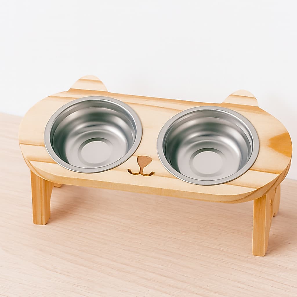 Comedouro Pet Elevado Duplo em Madeira e Inox Premium – Para Gatos e Cães Pequenos