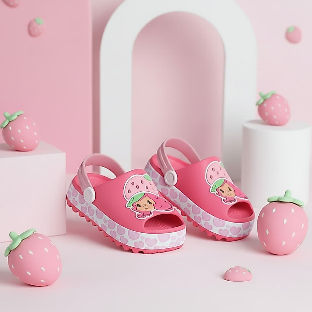 Sandália Infantil Babuche Menina Slide Moranguinho Baby Rosa Confortável Volta as Aulas Verão