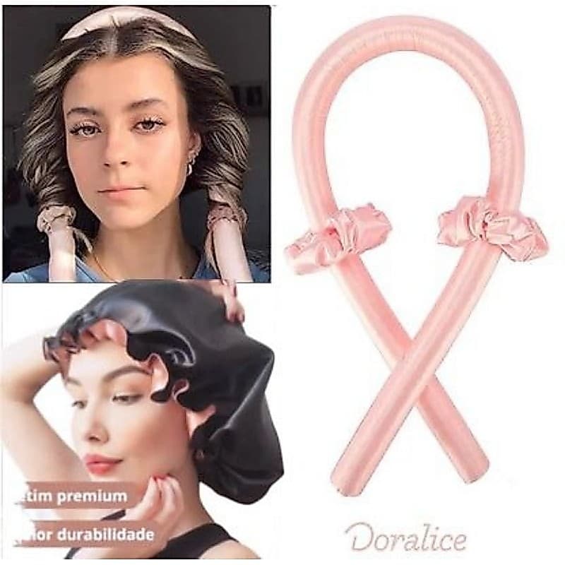 kit modelador de cachos de cetim + 2 scrunchies de cetim + touca de cetim dupla com regulagem