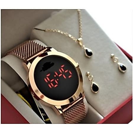 Relogio Feminino Digital Rose Magnetica C/ Brinco e corrente 3242