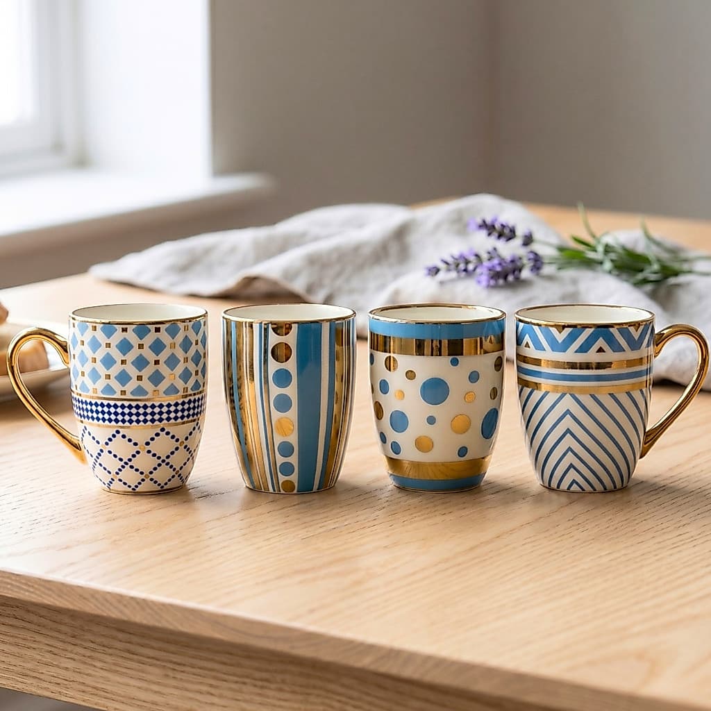 Caneca Decorada Azul c/ Detalhes Dourados - Modelo SORTIDO, café, chá, Elegante