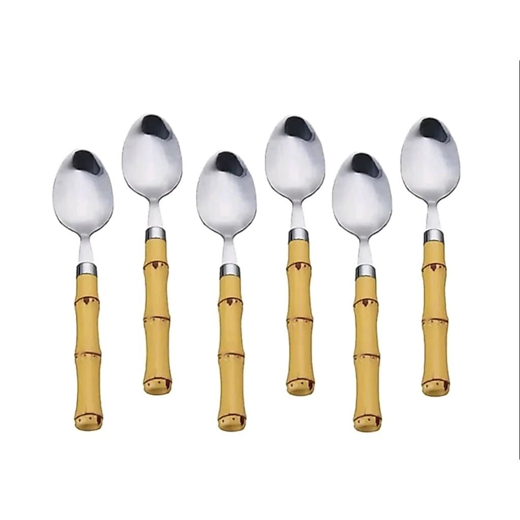 KIT SEIS COLHER DE SOBREMESA EM ACO INOX CABO BAMBU IMITANDO MADEIRA PLASTICO