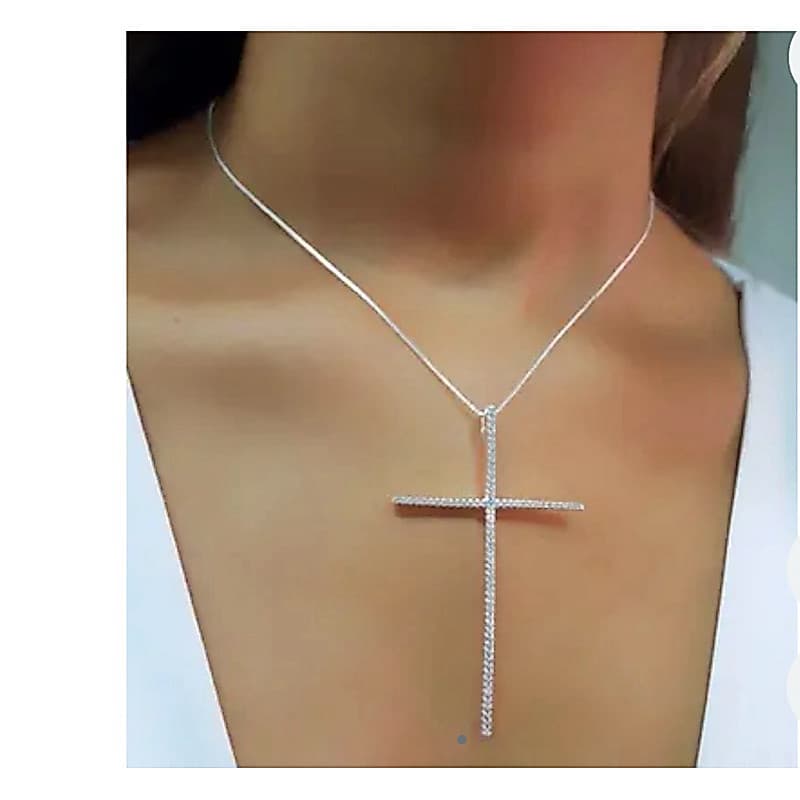 Colar Cruz Cravejado Brilhante Prateado / Dourado Crucifixo
