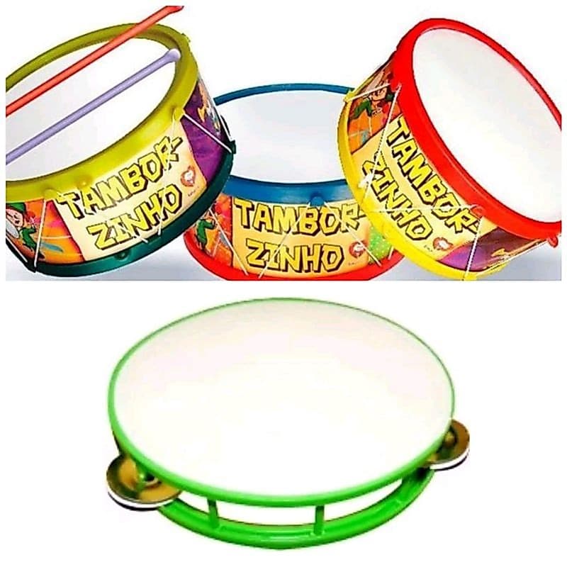 KIT 2 BRINQUEDOS SENDO 1 PANDEIRO + 1TAMBOR  DE PLASTICO INFANTIL