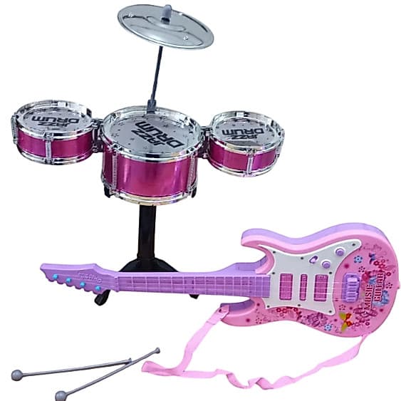 Mini Guitarra Rosa Infantil + Mini Bateria Rosa Brinquedo Musical