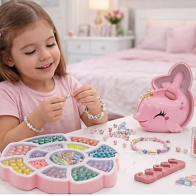 Kit Miçangas Infantil Montar Pulseiras e Colares Maleta Sereia Golfinho DIY Brinquedo 3+