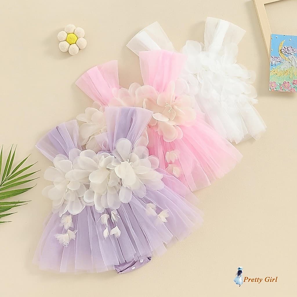 Mellifluous-Macacão De Verão Para Meninas , Sem Mangas , Decoração De Flores 3D , Tule , Patchwork ,