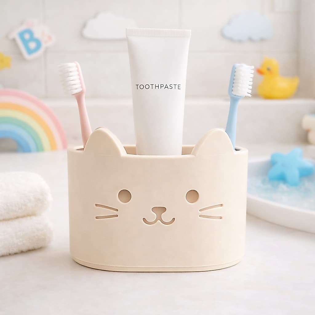 Porta Escova Infantil Gatinho / Ursinho / Porquinho – Organizador de Escovas e Pasta Dental para Banheiro Infantil