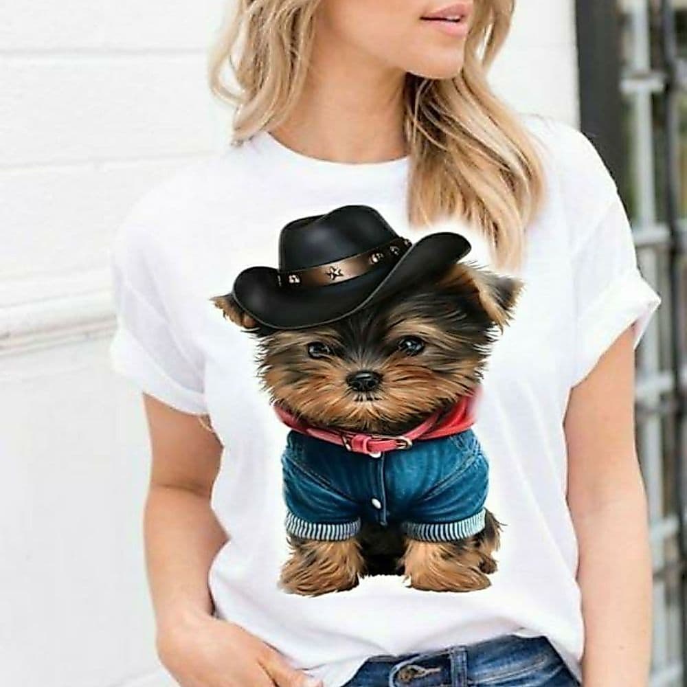 Blusa Feminina Suede Estampa Pet Cachorrinho Camiseta T-Shirt Moda Feminina Confortável