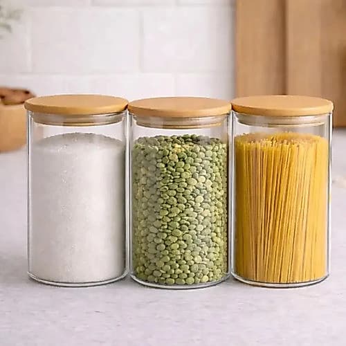 Potes Vidro Redondo Multiuso Tampa De Bambu 800ml Hermético Borossilicato