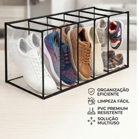 Kit Colmeia Organizadora Sapateira PVC Cristal 5 Divisórias Estrutura Preta Multiuso