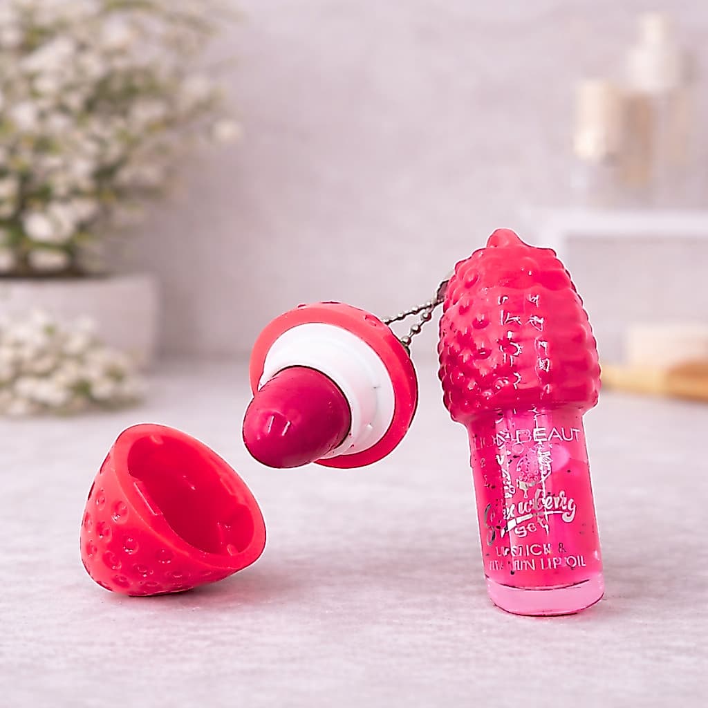 Kit Lip Gloss + Lip Balm Morango 2 em 1| Brilho Labial Morango Gloss Chaveiro