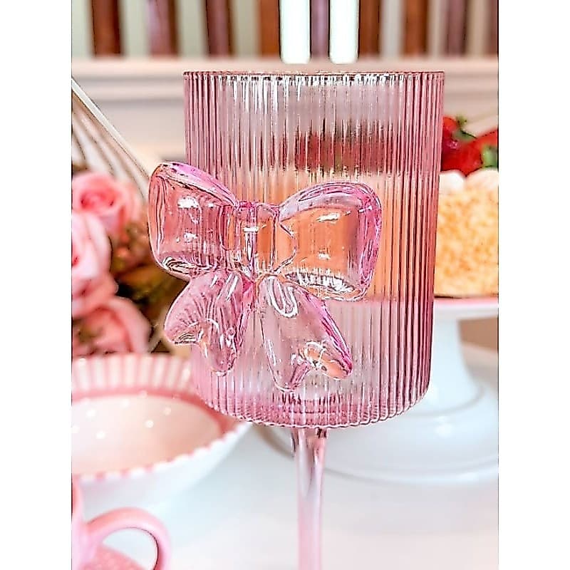 Taça Rosa com Laço 3D | Taça de Vidro Elegante para Água  e Mesa Posta