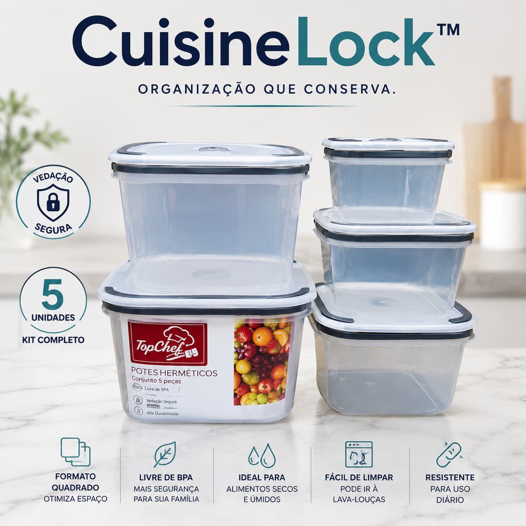 Conjunto com 5 Potes Herméticos Plástico com Tampa de Vedação Quadrados para Cozinha Organizador de Alimentos BPA Free