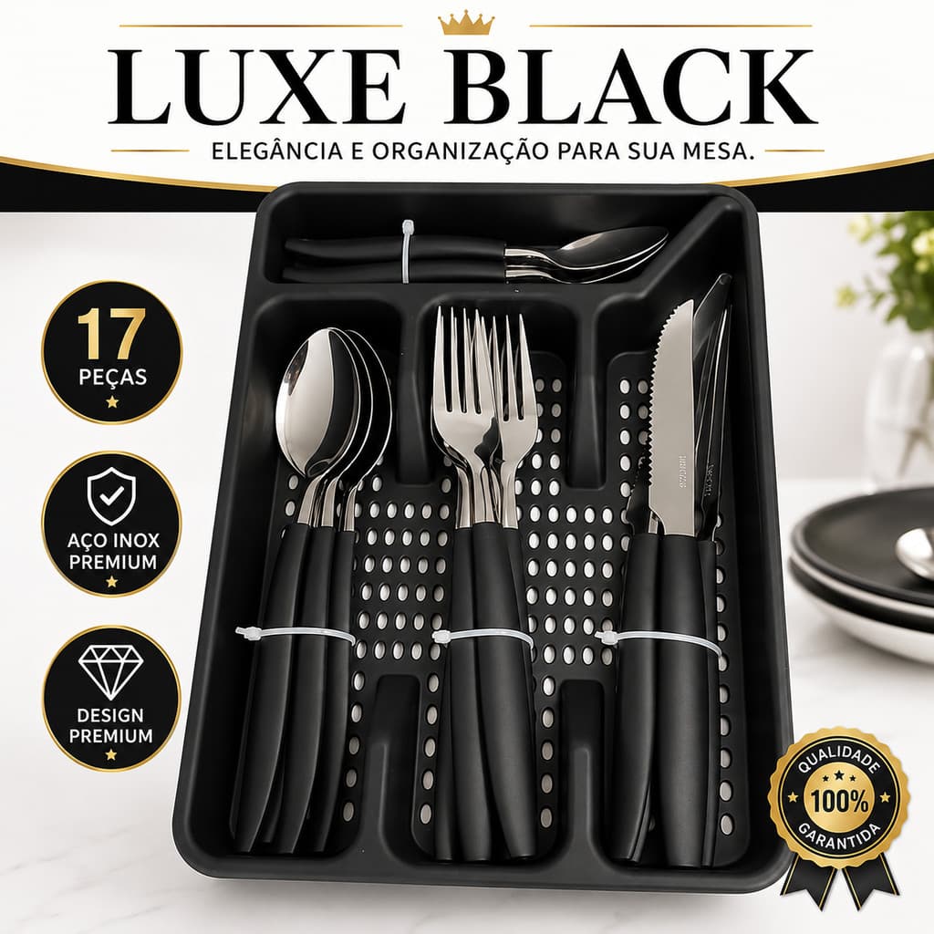 Faqueiro 17 Peças Aço Inox Preto com Porta Talheres Organizador Premium Cozinha Mesa Posta