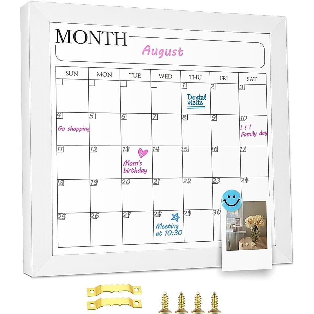Quadro Branco Magnético Mensal para Calendário de Parede, 11,8" x 11,8" com Moldura de Madeira Branca, Quadro Branco Sus