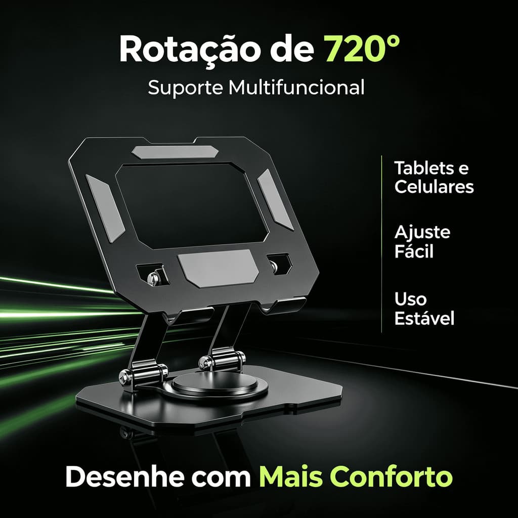O suporte para tablet pode ser girado em 720 graus e é fixado por imã para maior estabilidade