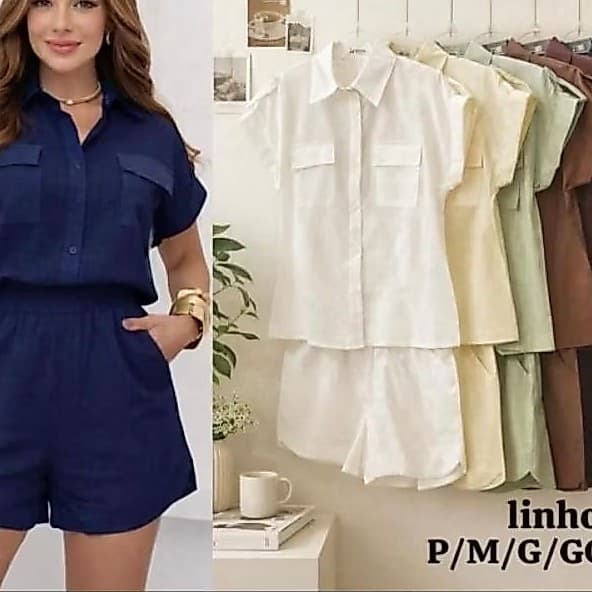 Conjunto Feminino Linho Manga Curta Shorts Cintura Alta  Moda Verão Casual Elegante Conjunto Leve Confortável Praia