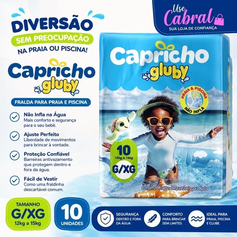 Fralda para Bebê piscina e mar Capricho Gluby com 10 unidades G XG não infla na água