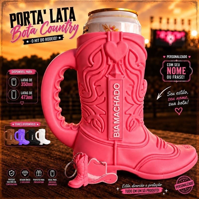 Caneca Porta Lata Bota Country 350ml e 473ml Personalizado C/Nome