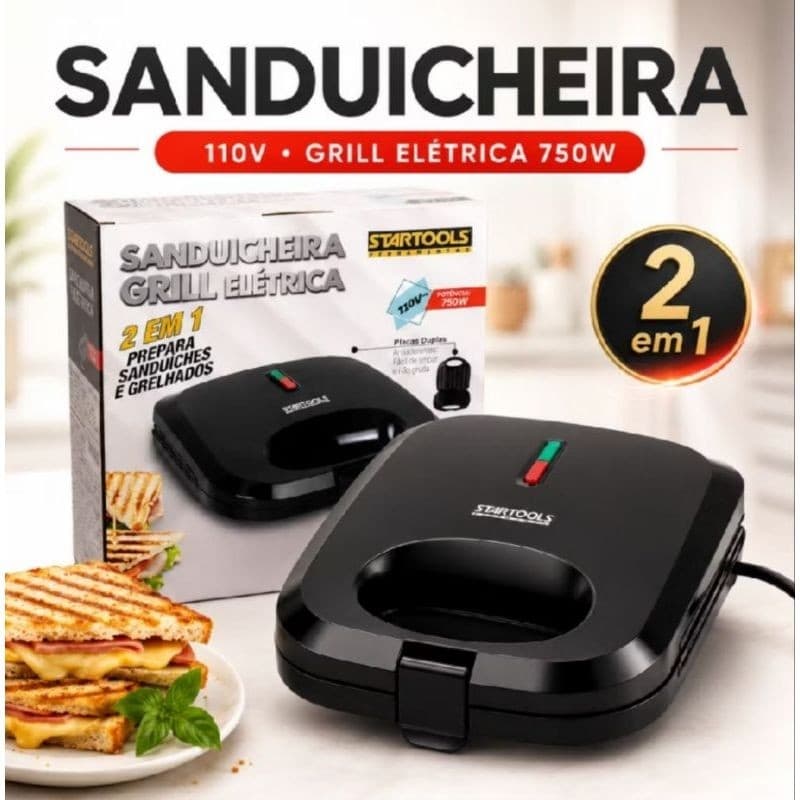 Sanduicheira Grill Startools Preta 127V 220V Preta Elétrica 750w Ultra Rápido, e Outros Petiscos