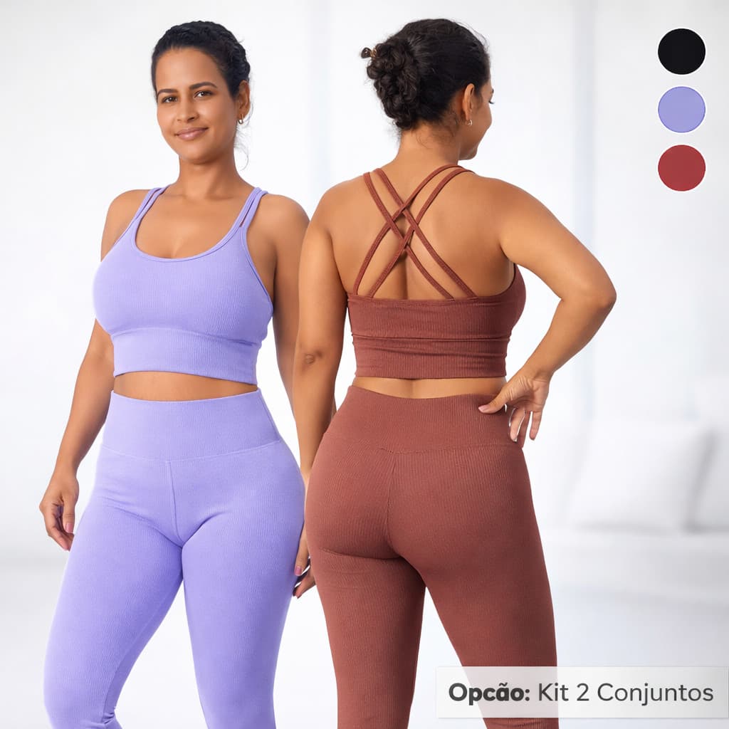 Conjunto Academia Ana Ruga  Canelado – Calça e Top opção Kit: 2 conjuntos