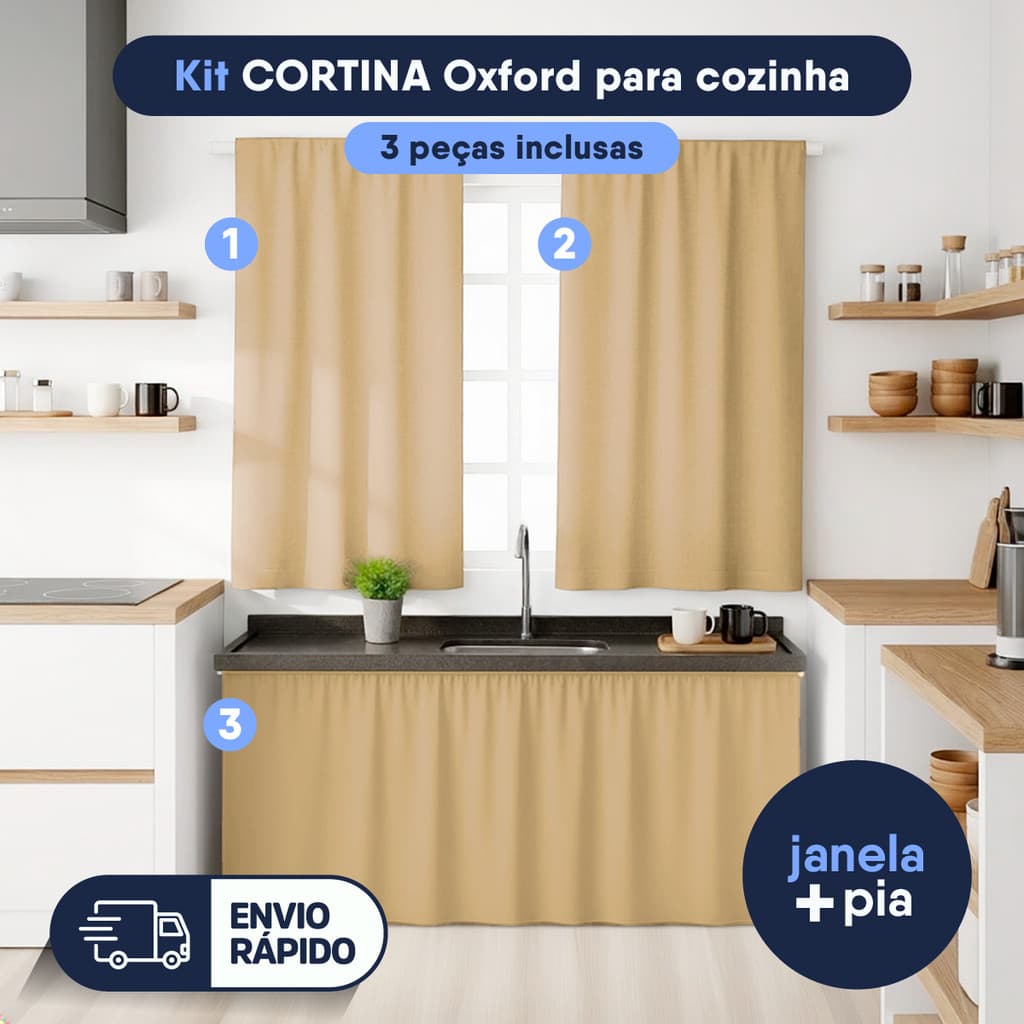 kit Cortina de Cozinha Janela e Pia Balcão Simples Tecido Oxford