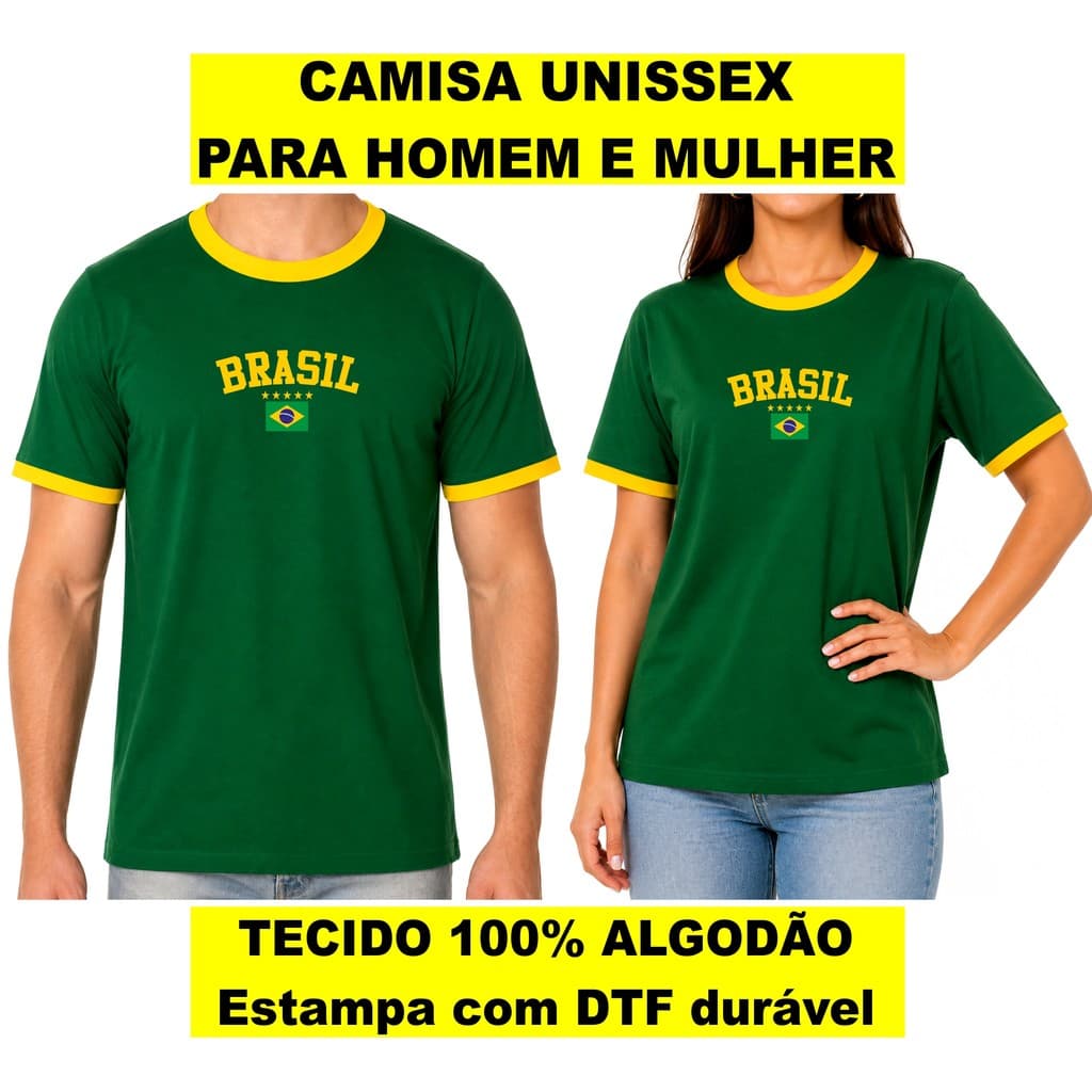 Camisa Camiseta BRASIL Verde Bandeira Estampa Com DTF Malha 100% Algodão Copa Do Mundo 2026 Personalizada Nome Número