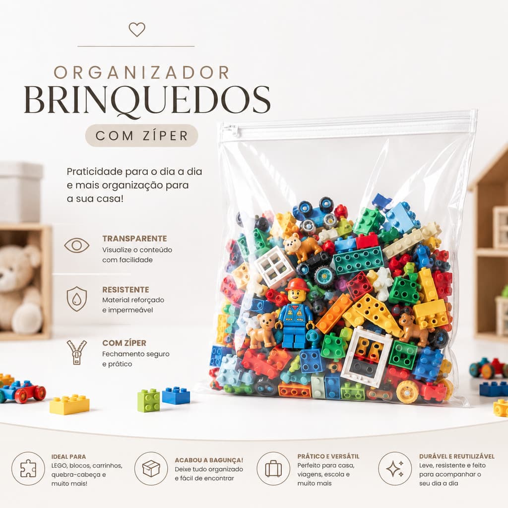 Organizador Transparente Com Zíper Para Brinquedos LEGO Peças Pequenas Guarda Roupas