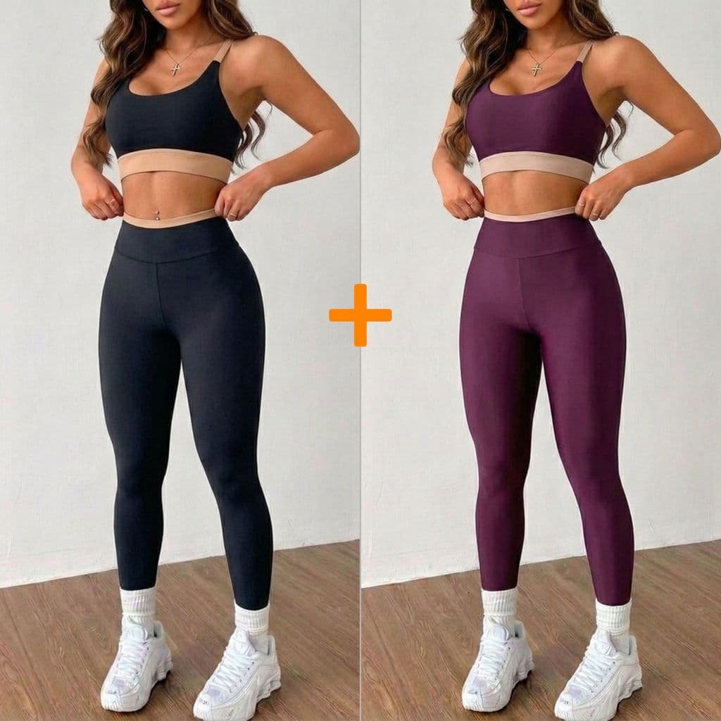 Kit 2 Conjunto Feminino Fitness Academia Calça e Top Cintura Alta Modelagem Premium Confortável Bicolor