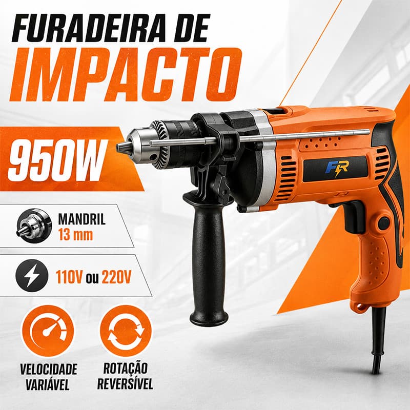 Furadeira de Impacto 950W Mandril 13mm Velocidade Variável e Reversível 110V ou 220V