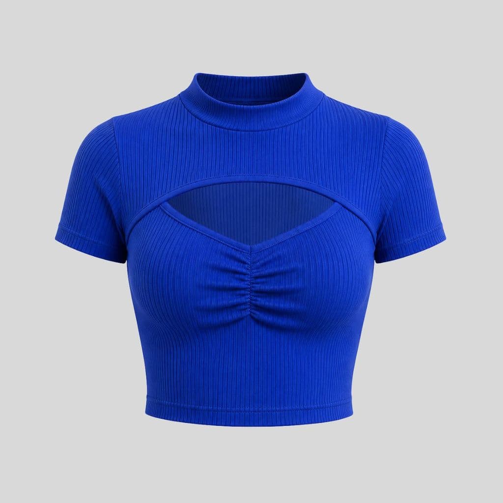 Blusa Cropped Gola Alta Canelada com Recorte e Franzido Central Feminina Moda Casual
