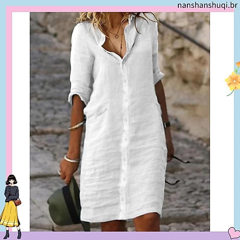 Vestido Solto De Algodão Casu al E Camisa De Linho Para Primavera/Verão , Manga Média , Cor Sólida , Fecho De Botão