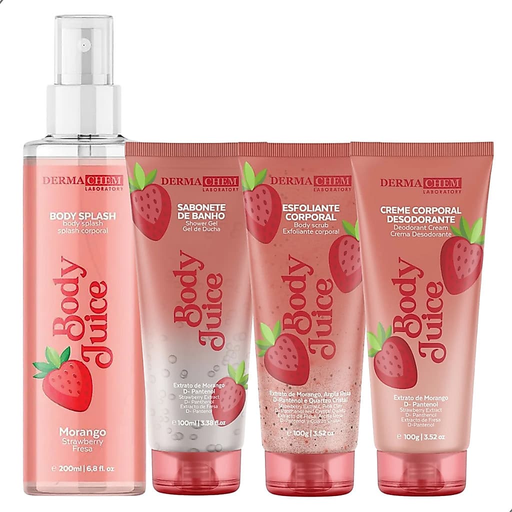 Kit Cuidados Corporais Body Juice Morango Dermachem Completo 4 Itens Sabonete Esfoliante Hidratante E Body Splash
