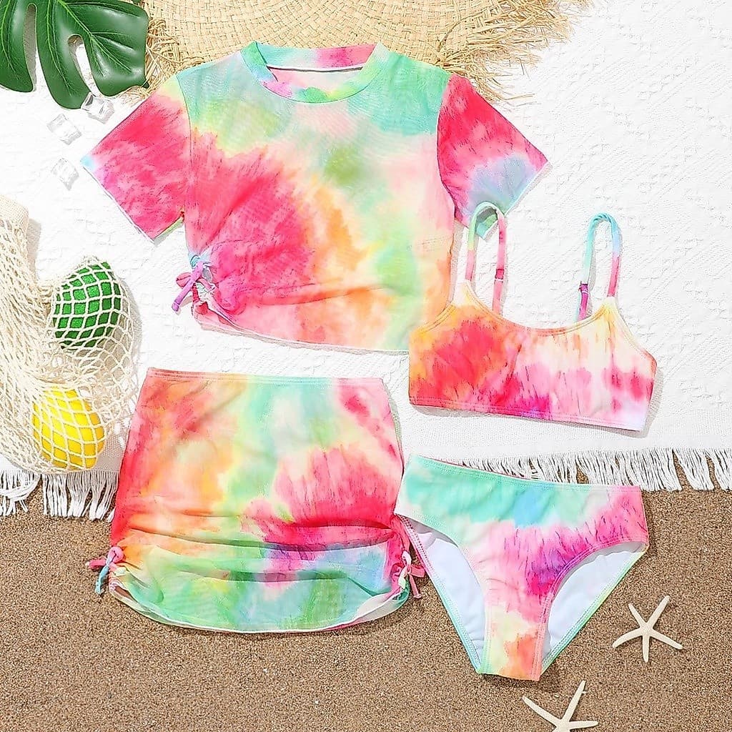 Conjunto De Biquíni De Manga Curta Com Estampa Tie-Dye Para Meninas 4 Pacotes E Saia Cordão Maiô Infantil