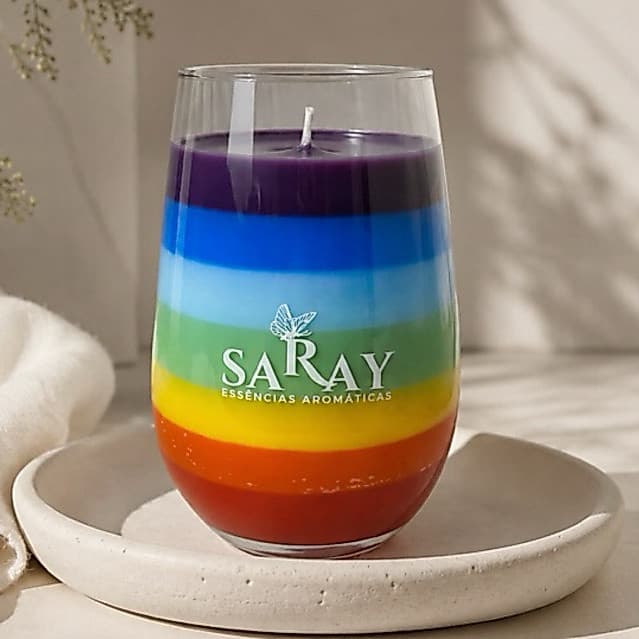 🌈Vela Aromática Colorida em Copo de Vidro – Sete chacras