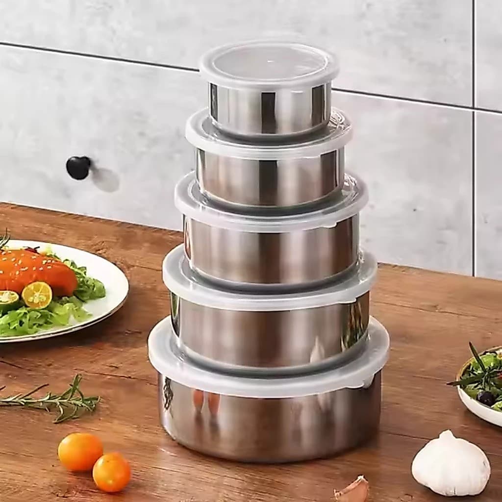 Kit 5 Tigelas Recipiente Marmita Conserva Armazenar Potes Inox Alumínio Cozinha Vasilha Bacia