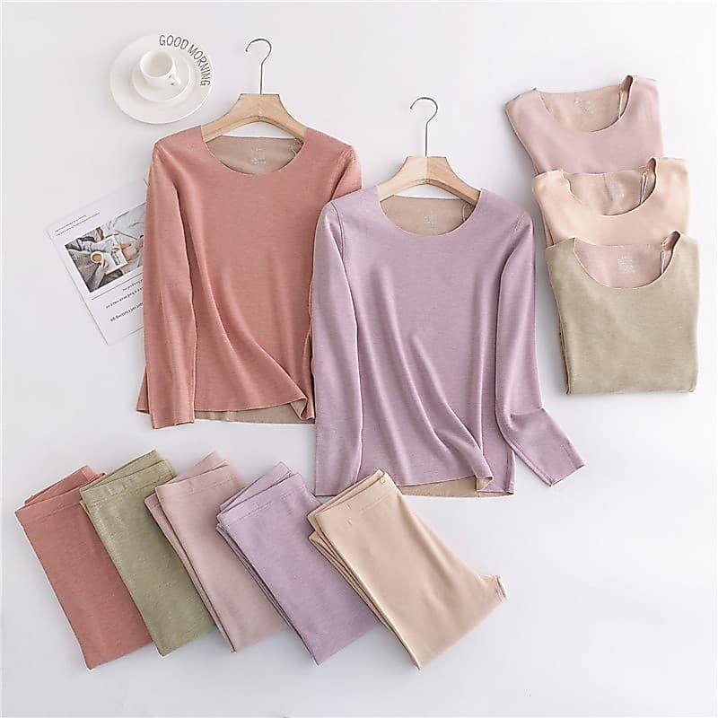 Cashmere seda senhoras dupla face alemão veludo sem costura conjunto de roupa interior térmica velo aquecimento fino vel