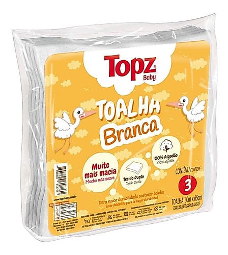 Toalha Fralda Infantil Branca Kit 3 Unidades Topz Baby Algodão Macia Absorvente