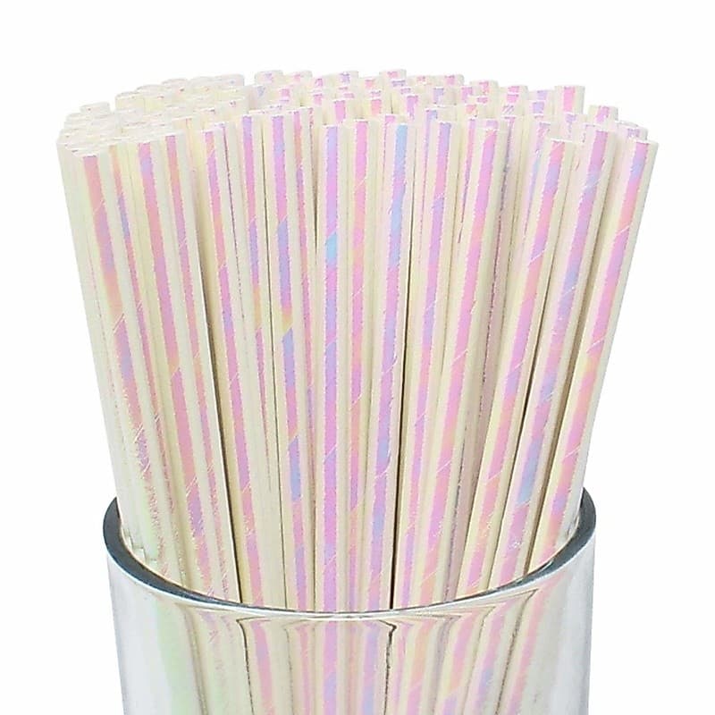 Canudo de Papel Nacarado Branco Holográfico furta-cor decoração festa aniversário pirulito cake pop