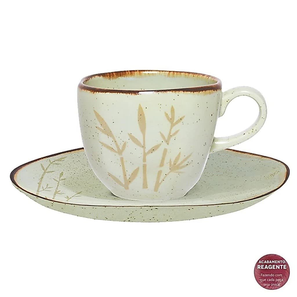 1 Xícara Com Pires Ryo Bambu 220ml Verde Oxford Porcelanas Para Chá e Café Mesa Posta