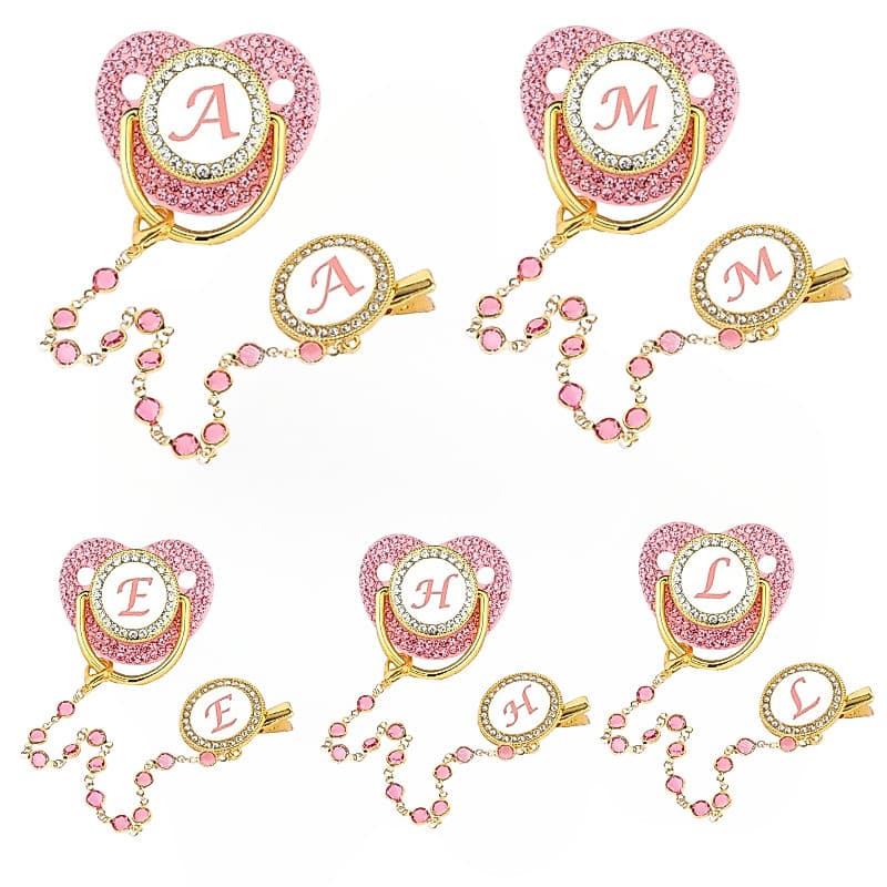 Rosa Diamante Bebê Personalizado Chupeta Clipe Recém-Nascido Chupetas Titular Carta Prata Infantil Silicone BPA Livre