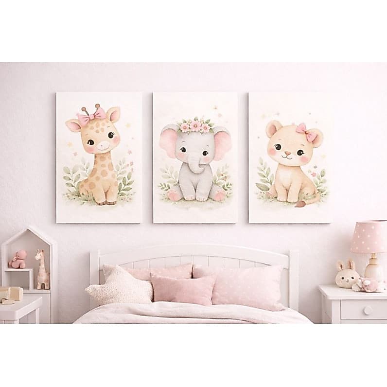 Kit Quadros Decorativos 3 Peças Infantil Safari Menina Fofo Animais Laço Floral Delicado Arte Bebê