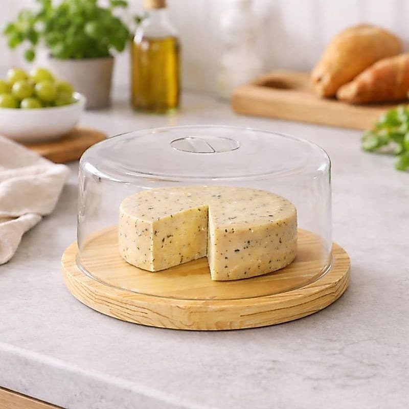 Porta Queijo Queijeira  de Madeira Bambu e Tampa Acrílica Premium Porta Queijo Ricota 18 cm