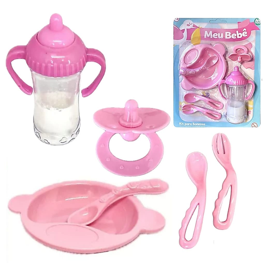 Kit Alimentação para Boneca 06 Peças Mamadeira + Chupeta + Pratinho + 02 Colheres + 01 Garfo Dia das Crianças