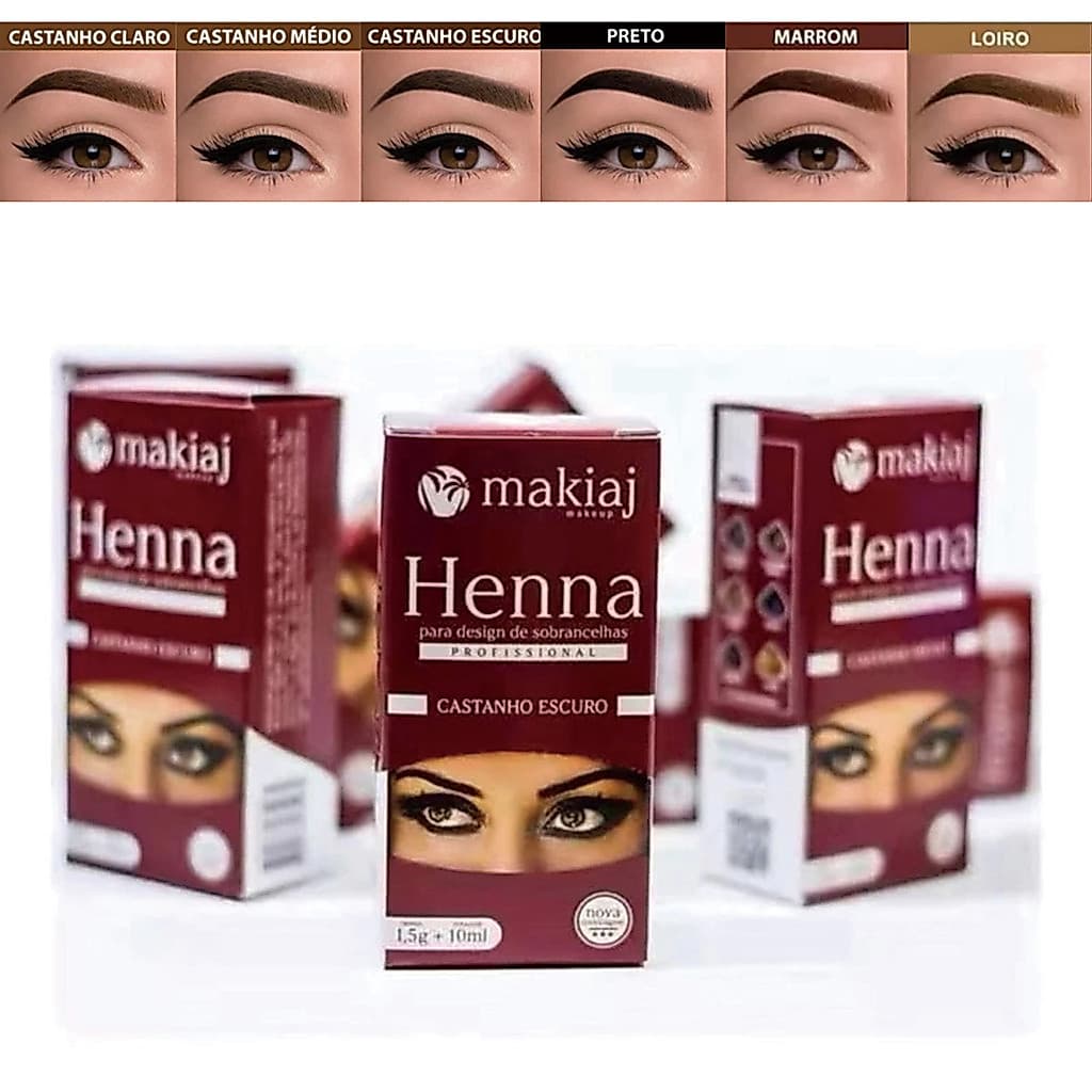 Kit 6 Cores Henna para Sobrancelhas Makiaj | 1,5g Henna + 10ml Fixador por Unidade
